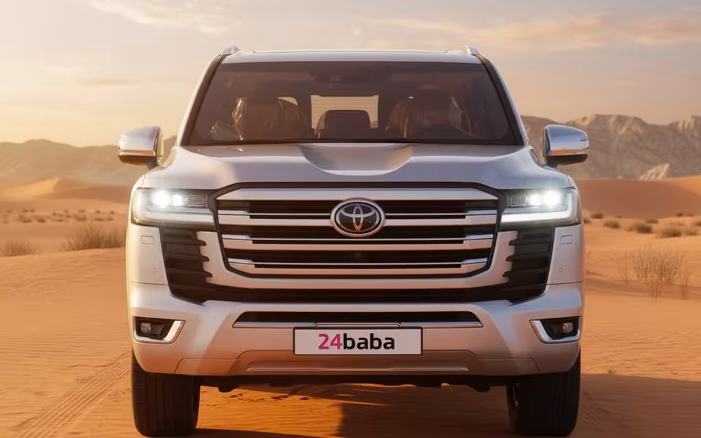 Toyota LandCruiser 2023 Silver front view with headlights – rental in Dubai