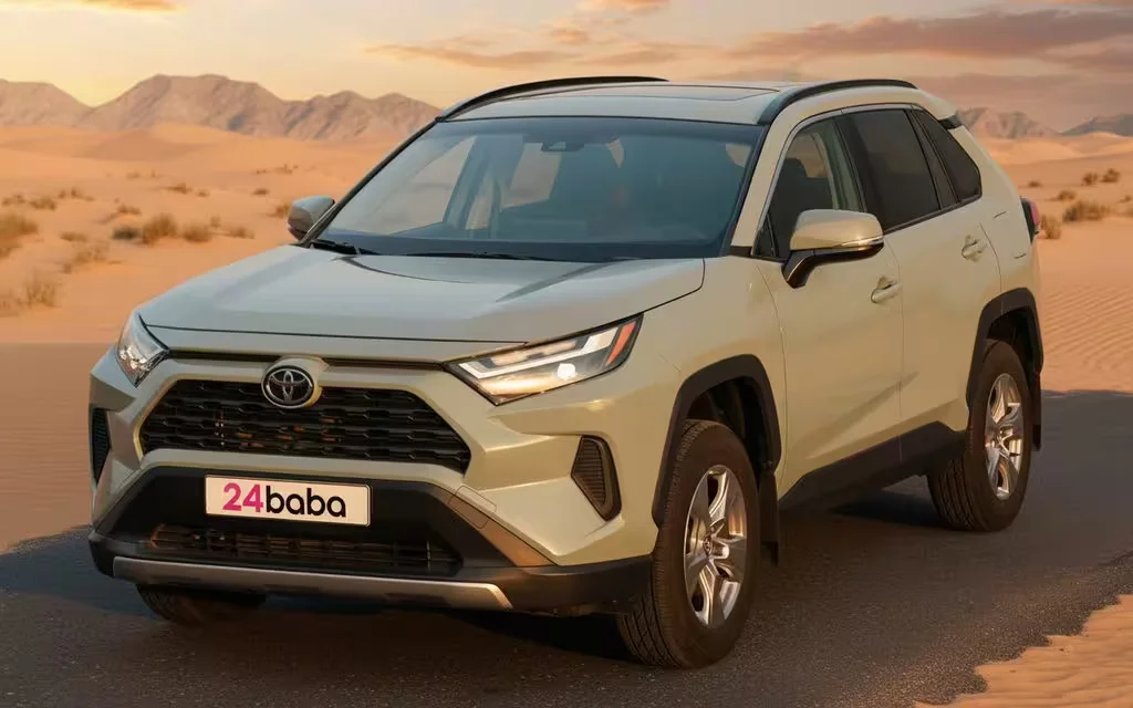 Toyota Rav4 2022 Green parked outdoor scene – rental in Dubai